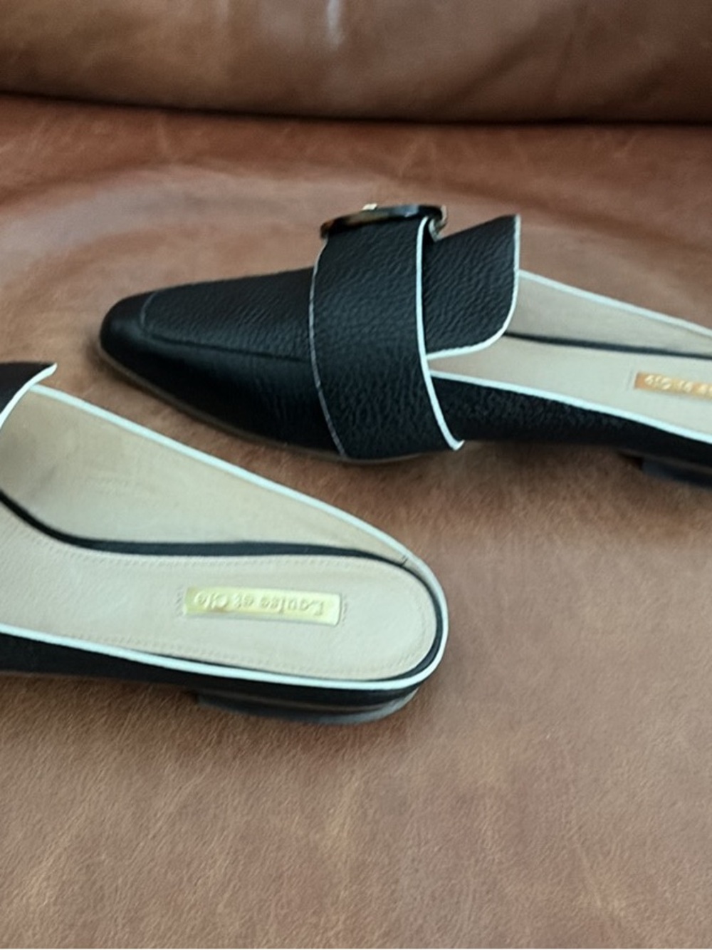 Louise et Cie Black Mules with White Trim and Gold Buckle